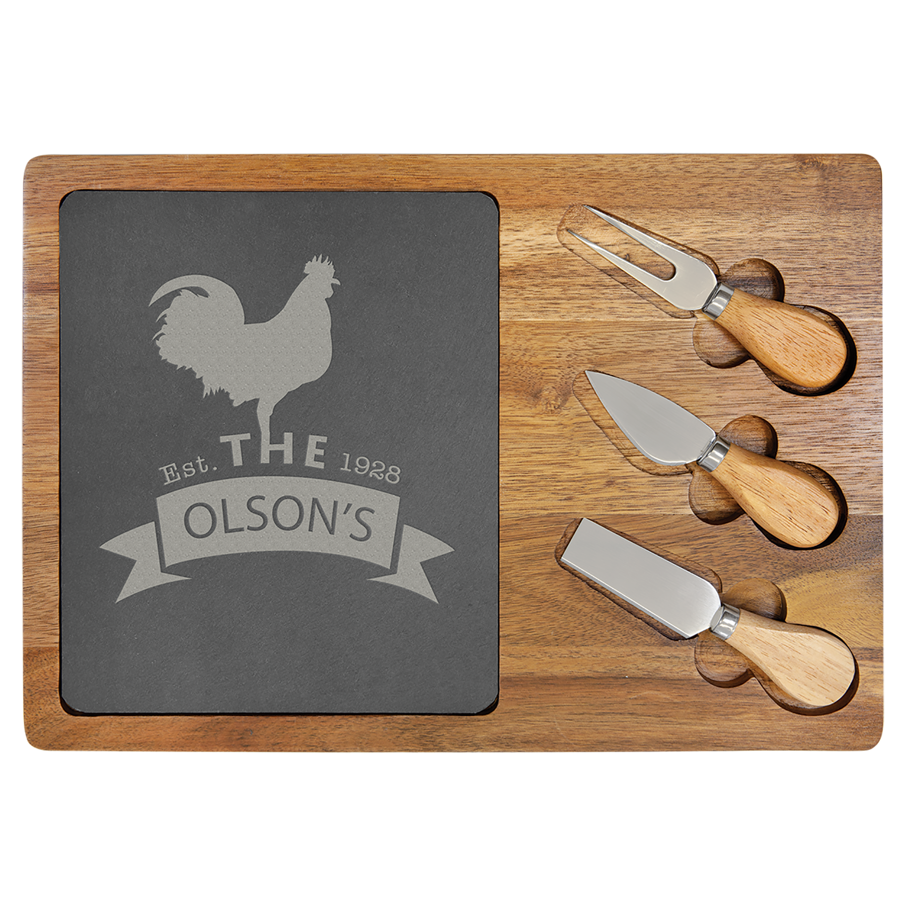 Acacia Wood/Slate Cheese Set with Tools