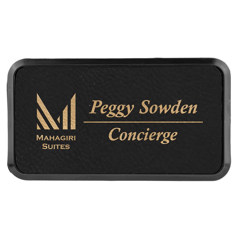 Black/Gold 3" x 1 1/2" Laserable Leatherette Round Corner Badge & Frame