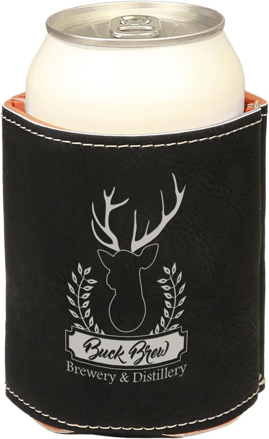Black/Silver 3 3/4" Laserable Leatherette Beverage Holder