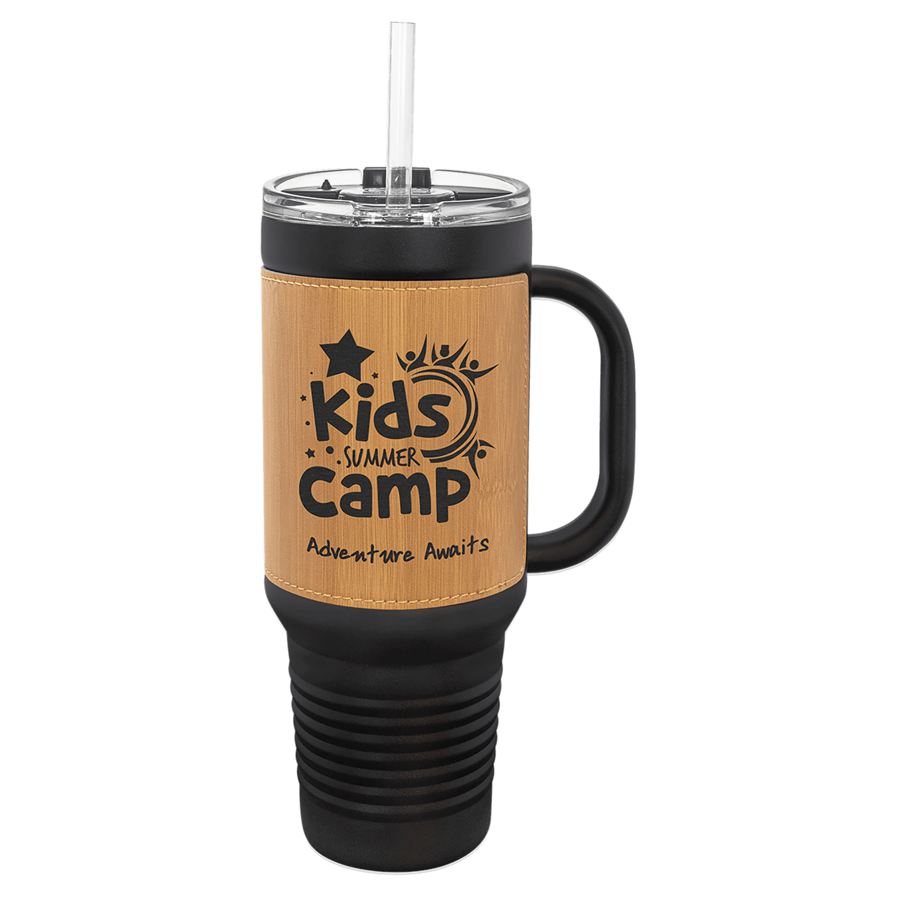 Black with Bamboo Polar Camel 40 oz. Laserable Leatherette Travel Mug with a Handle & Straw