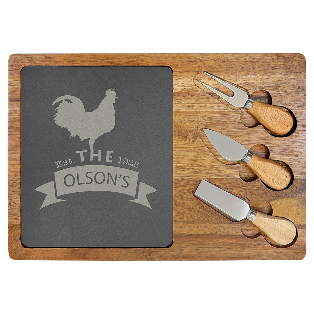 Acacia Wood/Slate Cheese Set with Tools